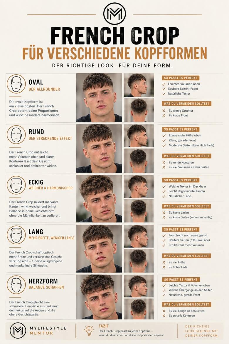 French Crop für jede Kopfform – moderner Haarschnitt mit anpassbarer Textur, Front und Fade für runde, eckige und ovale Gesichtsformen