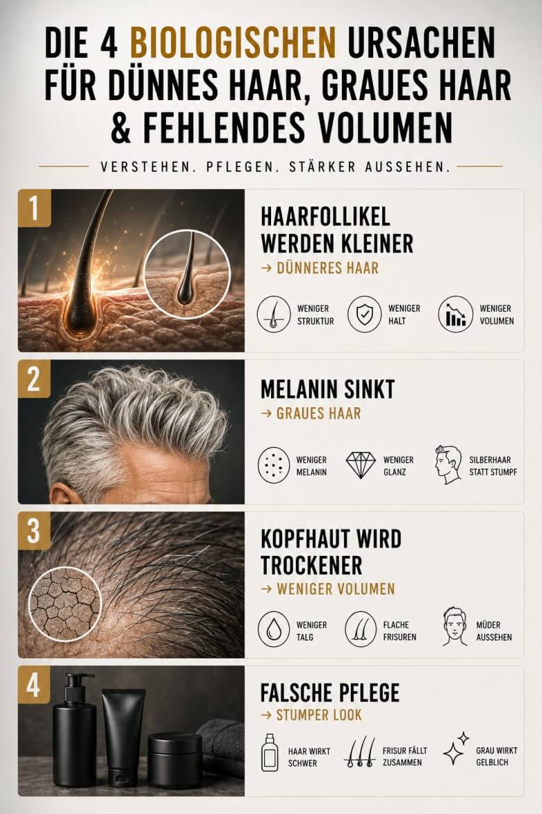 Infografik über die biologischen Ursachen von dünnem Haar, grauem Haar und Volumenverlust bei Männern ab 50.