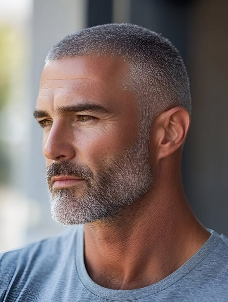 Der Buzz Cut wirkt extrem modern und pflegeleicht, der Vollbart bringt Stärke und Kontur ins Gesicht. Perfekt für Männer ab 50, die einen klaren, maskulinen Look wollen, der jünger und kraftvoll wirkt.