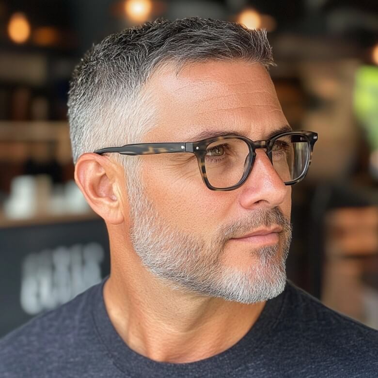 Klassischer Crew Cut für Männer ab 50 mit kurzer, gepflegter Silhouette.