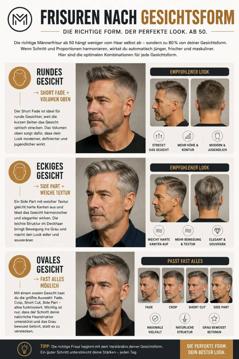Diese Grafik zeigt, welche Frisuren am besten zu verschiedenen Gesichtsformen passen: rund, oval, eckig oder länglich. Männer ab 50 finden so schnell den Look, der jünger macht, Konturen betont und dünner werdendes Haar optimal in Szene setzt.