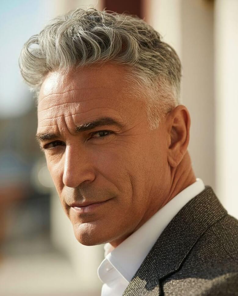 Der Modern Quiff kombiniert Volumen, Textur und eine leichte Aufrichtung – ein Look, der sofort jünger, frischer und energiegeladen wirkt. Perfekt für Männer, die modernen Stil mit natürlicher Leichtigkeit verbinden wollen.