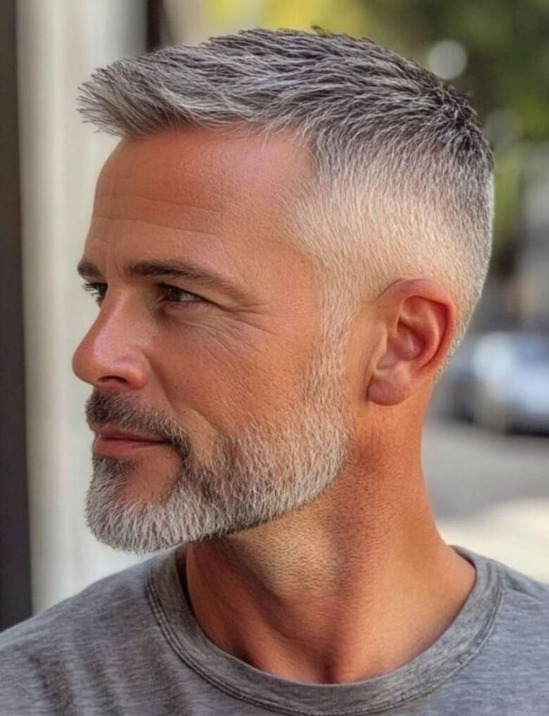 Der Natural Grey Crop betont die natürliche Textur grauer Haare und wirkt frisch, modern und jugendlich. Perfekt für Männer ab 50, die einen unkomplizierten, authentischen Look wollen.