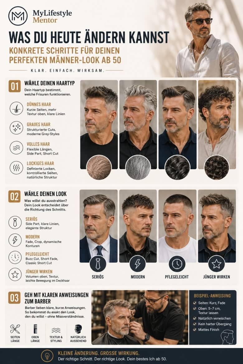 Diese Grafik zeigt eine klare Schritt‑für‑Schritt Anleitung für Männer ab 50: von der Haarwäsche über Produktwahl bis zum finalen Styling. Perfekt, um dünner werdendes Haar modern zu formen, Volumen aufzubauen und einen Look zu kreieren, der jünger und gepflegt wirkt.