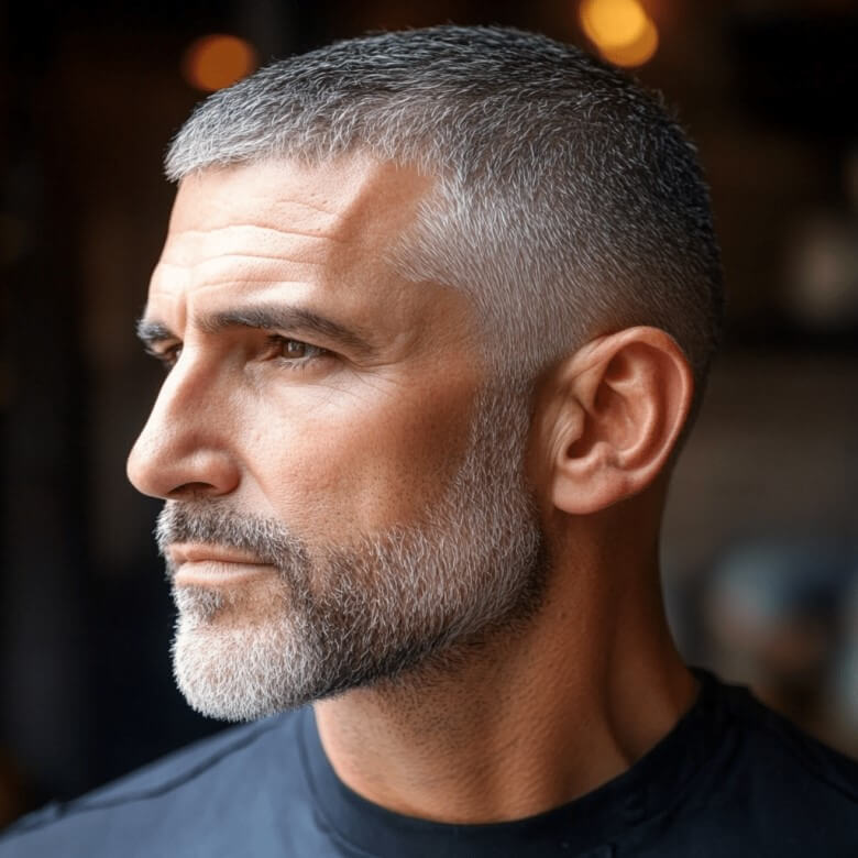 Short Fade für Männer ab 50 mit klaren Seiten und strukturierter Oberpartie.