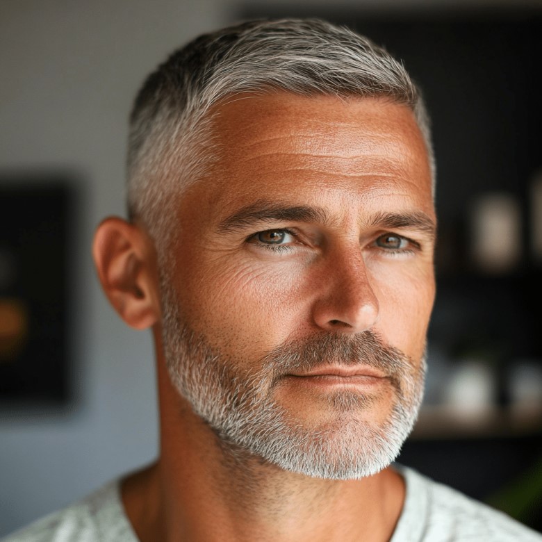 Der Short Fade definiert das Gesicht, bringt klare Konturen und wirkt extrem modern. Ideal für Männer ab 50, die dünnes Haar frisch, dynamisch und jugendlich stylen möchten.