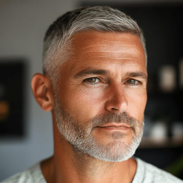 Der Short Grey Fade definiert das Gesicht, bringt klare Konturen und wirkt extrem modern. Ideal für Männer ab 50, die graues Haar frisch, dynamisch und jugendlich stylen möchten.