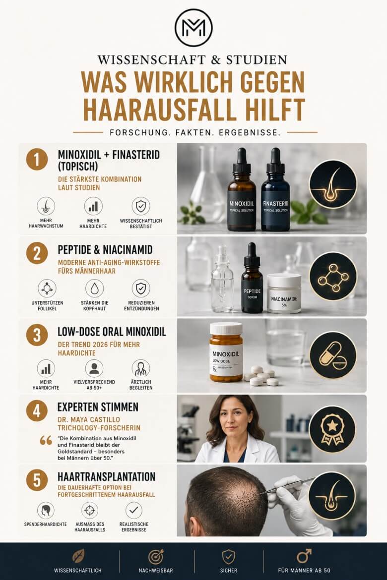 Diese Grafik zeigt die effektivsten, wissenschaftlich belegten Methoden gegen Haarausfall bei Männern ab 50: Minoxidil, Finasterid, Peptide, Kopfhautpflege und Haartransplantation. Klar, modern und leicht verständlich – ideal, um den eigenen Weg zu stärkerem, dichterem Haar zu finden.