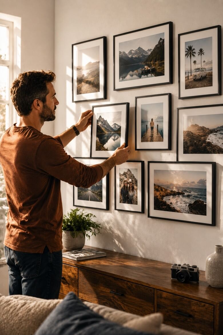 Fotowand erstellen mit modernen Layouts, stilvollen Rahmen und kreativen Deko‑Elementen für eine persönliche Bilderwand im Wohnzimmer.