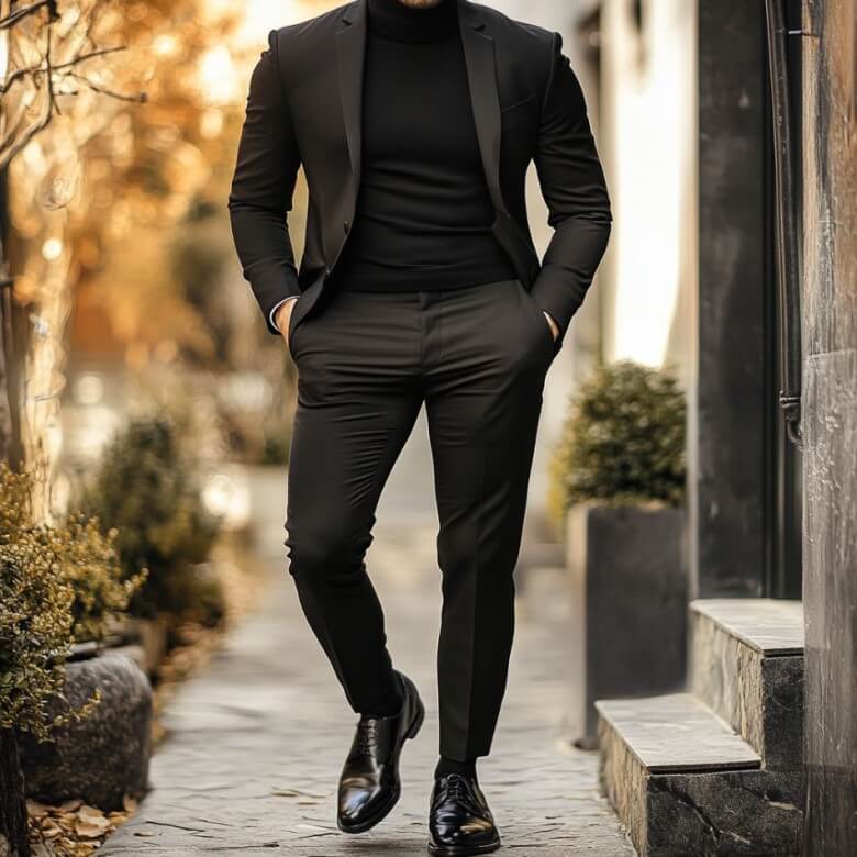 Minimalistisches, schwarzes Outfit für Männer zu Weihnachten