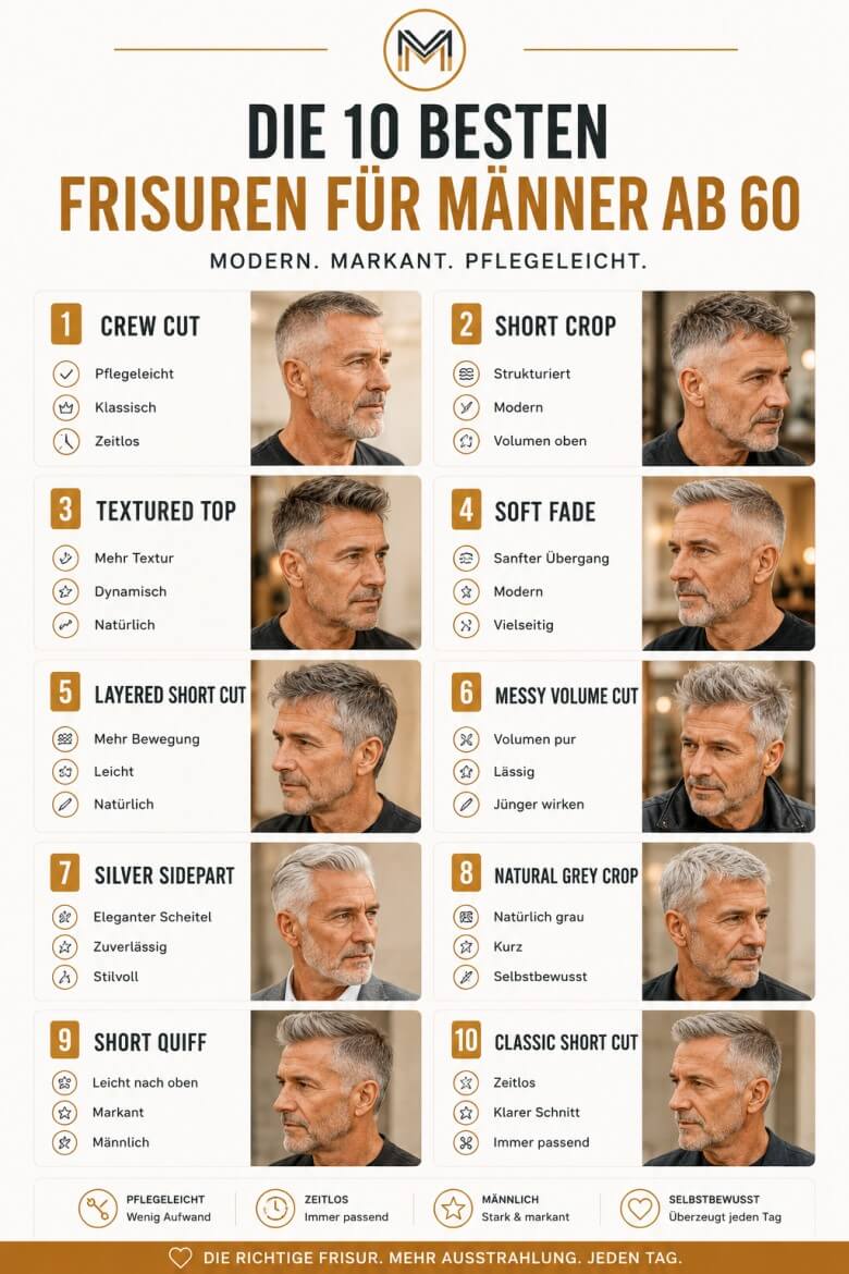 Top 10 moderne Männerfrisuren ab 60 – pflegeleichte Kurzhaarfrisuren für dünnes und graues Haar