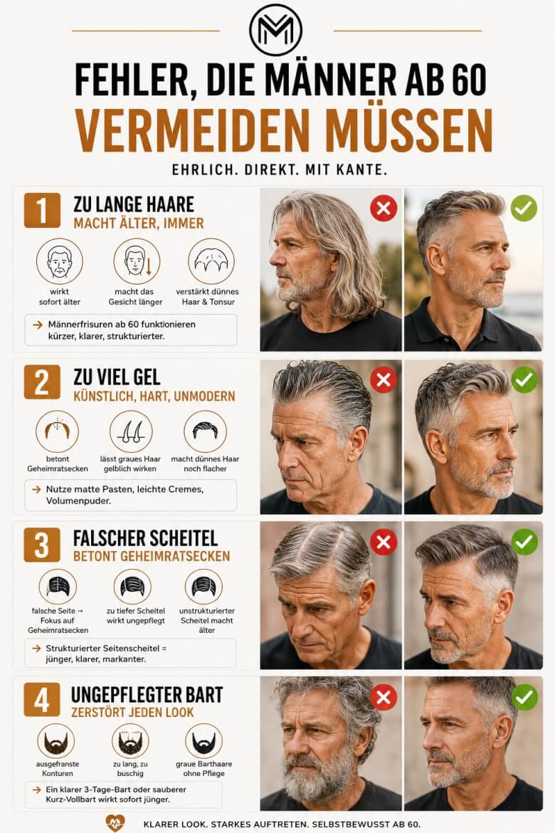 Typische Fehler bei Männerfrisuren ab 60 – zu lange Haare, zu viel Gel, falscher Scheitel, ungepflegter Bart
