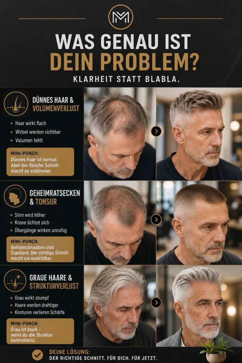 Warum Männerfrisuren ab 60 herausfordernd sind – dünnes Haar, graue Haare, Geheimratsecken und Strukturverlust.