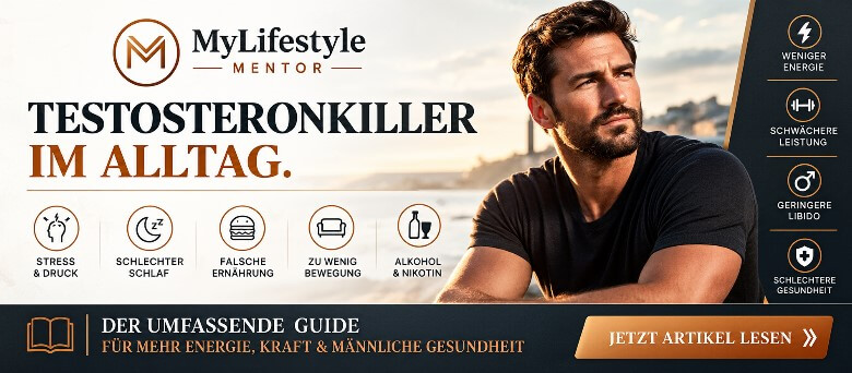 Gestresster Mann mit Warnsymbol – visuelle Darstellung typischer Testosteronkiller im Alltag