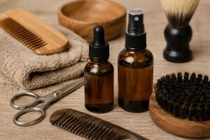 Essenzielle Bartpflege Basics für Männer – Bürste, Öl und Trimmer für gepflegte Konturen und gesunde Haut.
