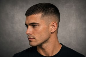 Zeitloser Crew Cut für Männer mit kurzer, gepflegter Silhouette – moderner, sauberer Look für Business und Alltag.