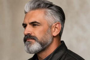 Stilvoller grauer Bart für Männer mit gepflegtem Schnitt und natürlicher Farbe – eleganter Look für reife Typen.