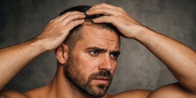 Mann betrachtet seine Kopfhaut – Tipps und Methoden, um Haarausfall zu stoppen und Haarwachstum zu fördern