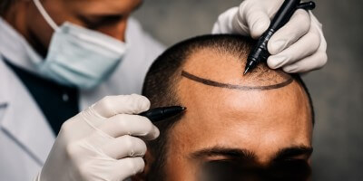 Arzt markiert Kopfhaut eines Mannes – moderne Haartransplantation für dauerhaftes, natürliches Ergebnis