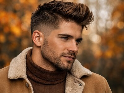 Mann mit modernem Herbst‑Look – warme Farben, strukturierte Frisur und gepflegter Style für die kühle Jahreszeit.