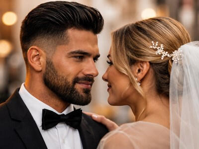 Bräutigam mit elegantem Haarschnitt und gepflegtem Bart – perfekte Hochzeitsfrisur für Männer am großen Tag