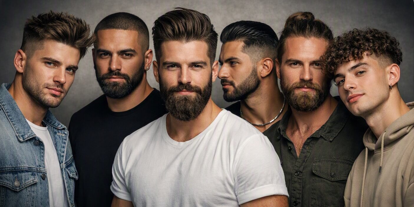 Sechs Männer mit unterschiedlichen Männerfrisuren und Bartstyles – vom Fade über Pompadour bis Man Bun. Hero‑Grafik für MyLifestyle‑Mentor.de mit modernen Looks, gepflegten Bärten und maskulinem Stil.