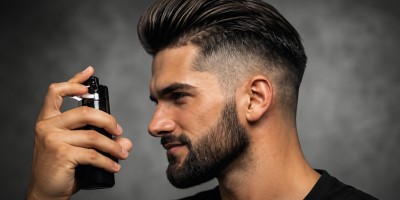 Mann verwendet Meersalzspray – Stylingprodukt für Volumen, Textur und natürlichen Beach‑Look.