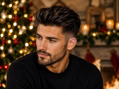 Mann mit festlicher Weihnachtsfrisur – eleganter, gepflegter Look für Feiertage, Familienfeste und Weihnachtsfeiern