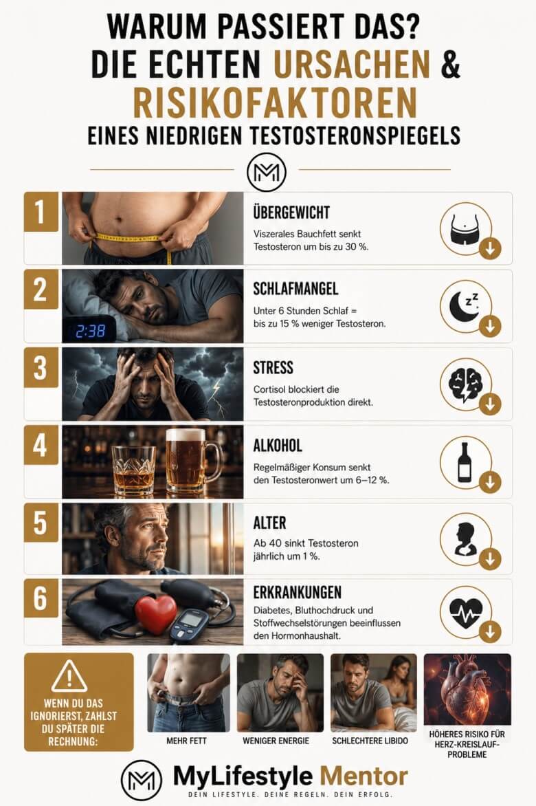 Grafik zeigt Stress, Übergewicht und Schlafmangel als Risikofaktoren für Testosteronmangel