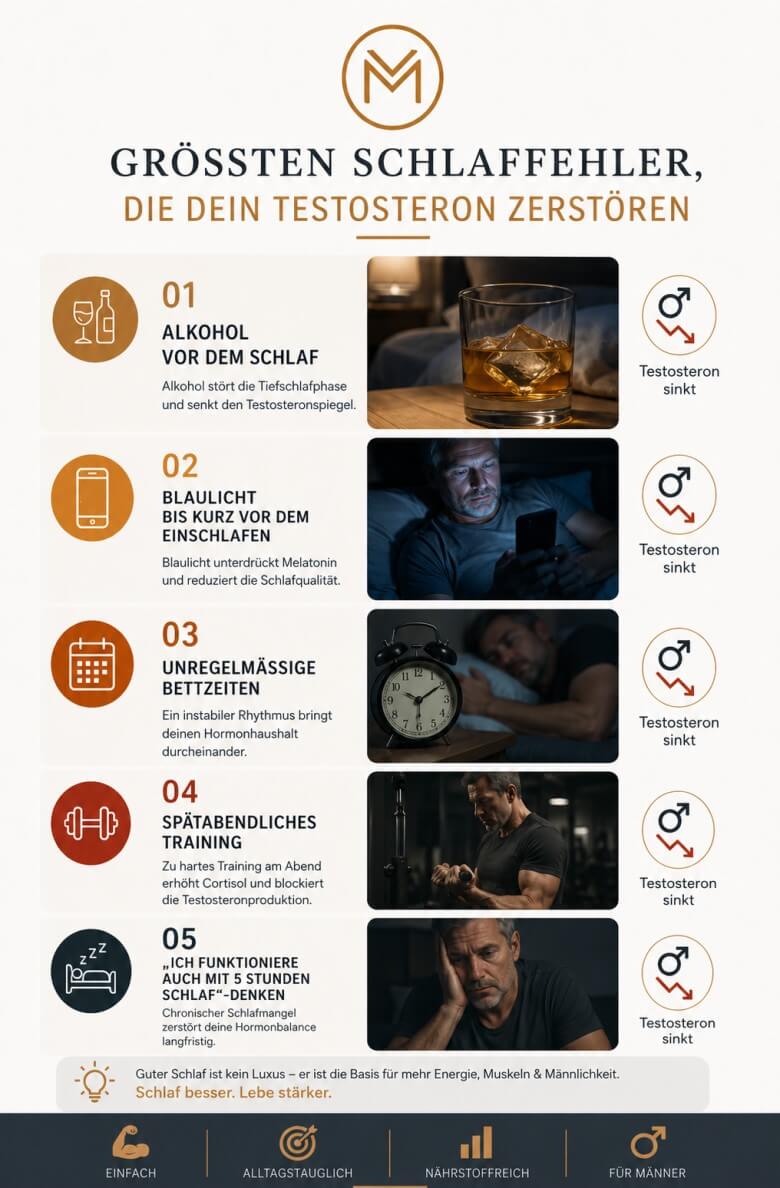Typische Schlaffehler wie Alkohol, Blaulicht und unregelmäßige Schlafroutine senken Testosteron bei Männern