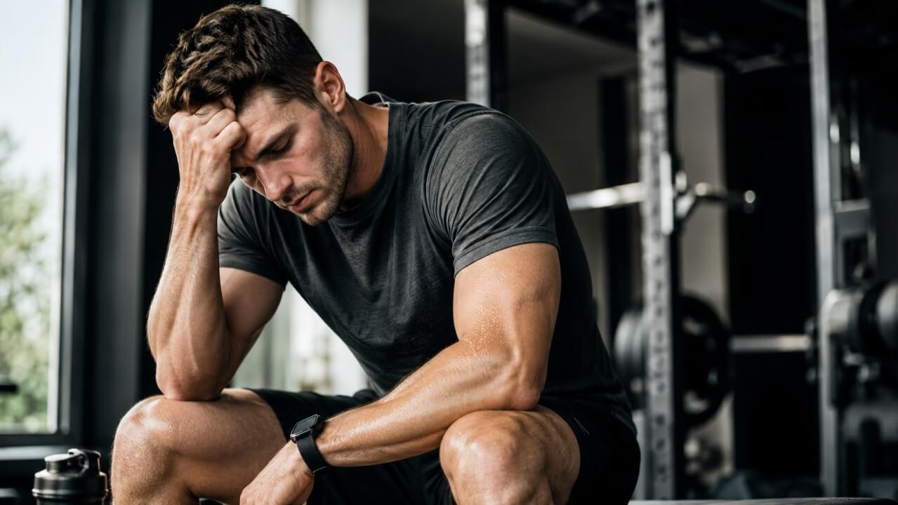 Mann wirkt müde trotz Training – zeigt Energieverlust durch Stress, Schlafprobleme und Glykogenmangel