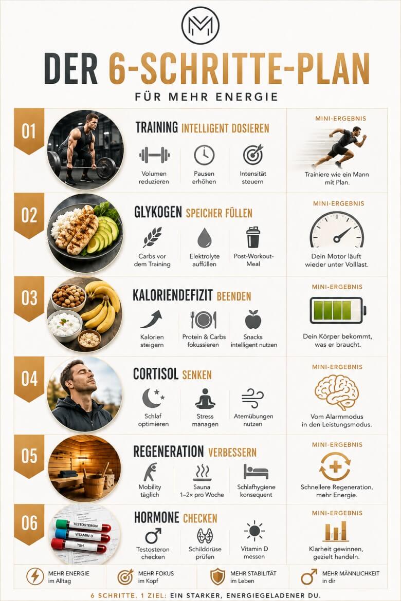 Grafik mit 6 Schritten zur Energie‑Optimierung: Schlaf, Ernährung, Regeneration, Training, Stress, Routinen
