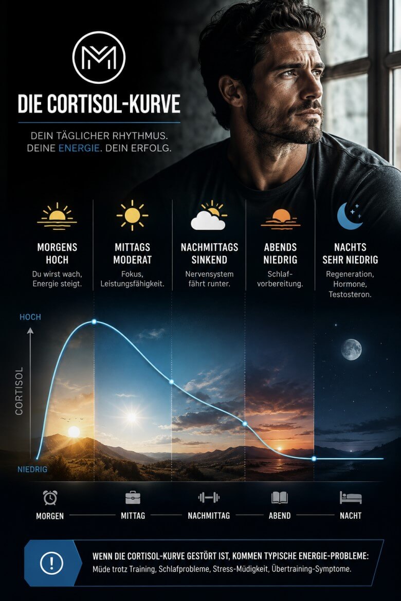 Grafik der Cortisol‑Kurve mit hohem Cortisol am Morgen und sinkenden Werten am Abend – zeigt den natürlichen Energie‑Rhythmus des Mannes