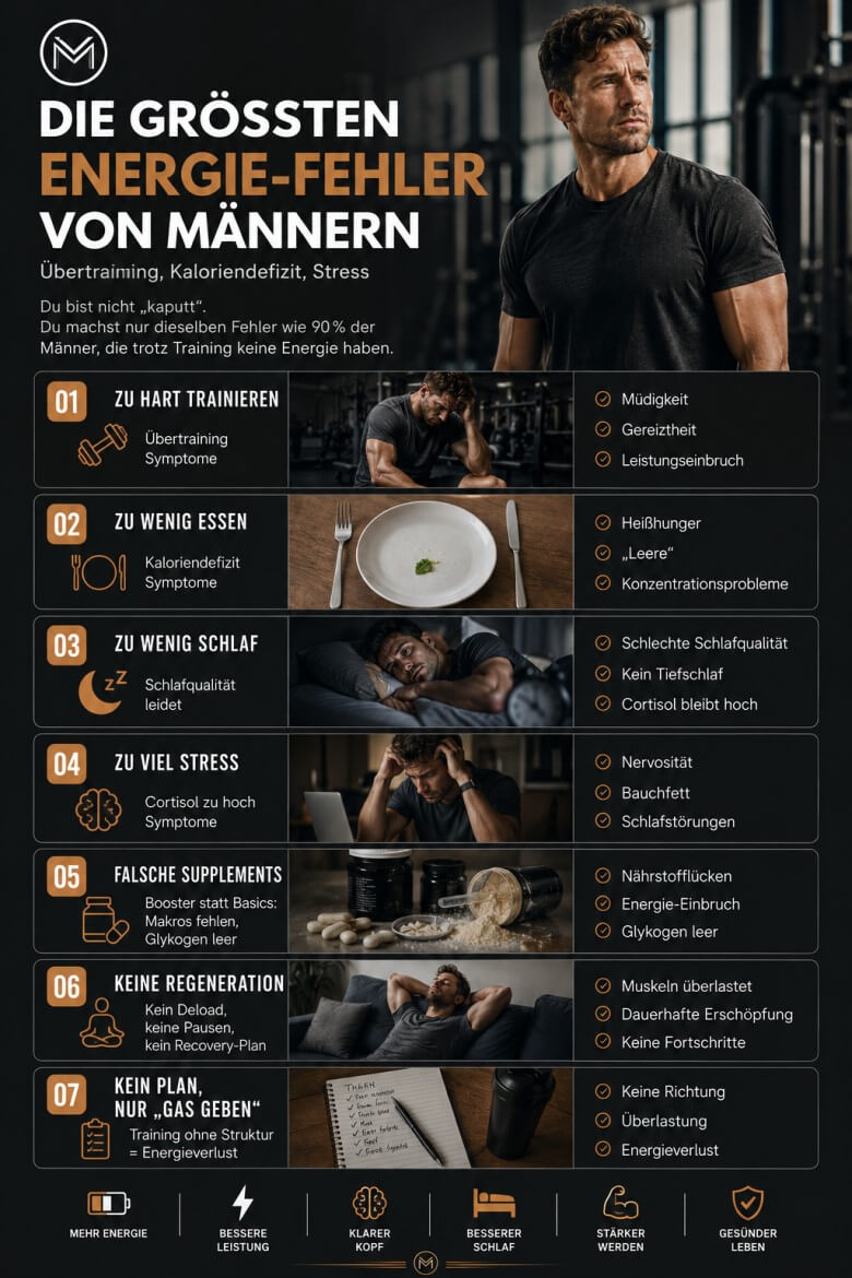 Darstellung typischer Energie‑Fehler: Übertraining, zu wenig essen, hoher Cortisolspiegel, schlechte Regeneration