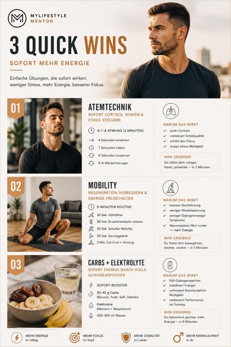 Drei schnelle Energie‑Booster: Atemtechnik, Mobility‑Übungen und Carbs + Elektrolyte