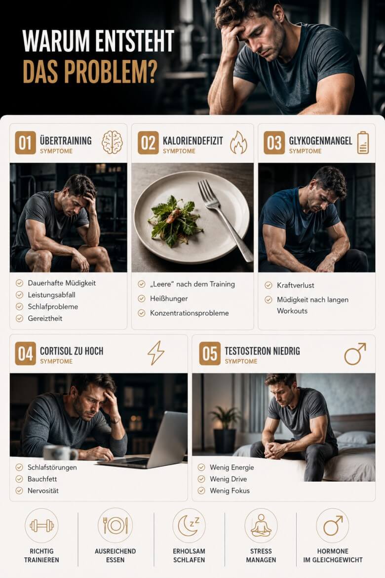 Darstellung der Ursachen für Energieverlust: Stress, Schlafprobleme, Glykogenmangel, Kaloriendefizit, Übertraining