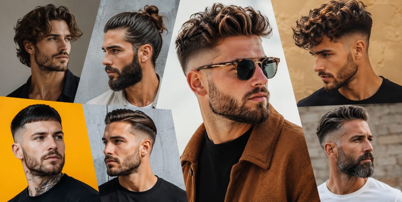 Übersicht moderner Männerfrisuren – von Fade, Buzz Cut, Undercut, Pompadour und Quiff bis zu mittellangen und langen Haarschnitten; ideal für Typberatung, Styling und Männerfrisuren‑Trends