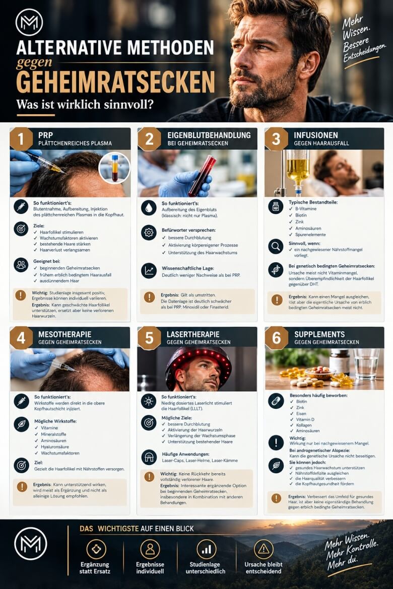 Alternative Behandlungen gegen Geheimratsecken mit PRP, Mesotherapie, Lasertherapie, Infusionen und Nahrungsergänzungsmitteln zur Unterstützung des Haarwachstums bei Männern