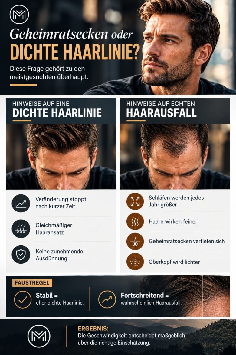 Vergleich zwischen dichter Haarlinie und Geheimratsecken
