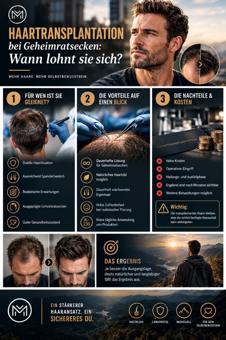 Vorher-Nachher-Ergebnis einer Haartransplantation bei Geheimratsecken
