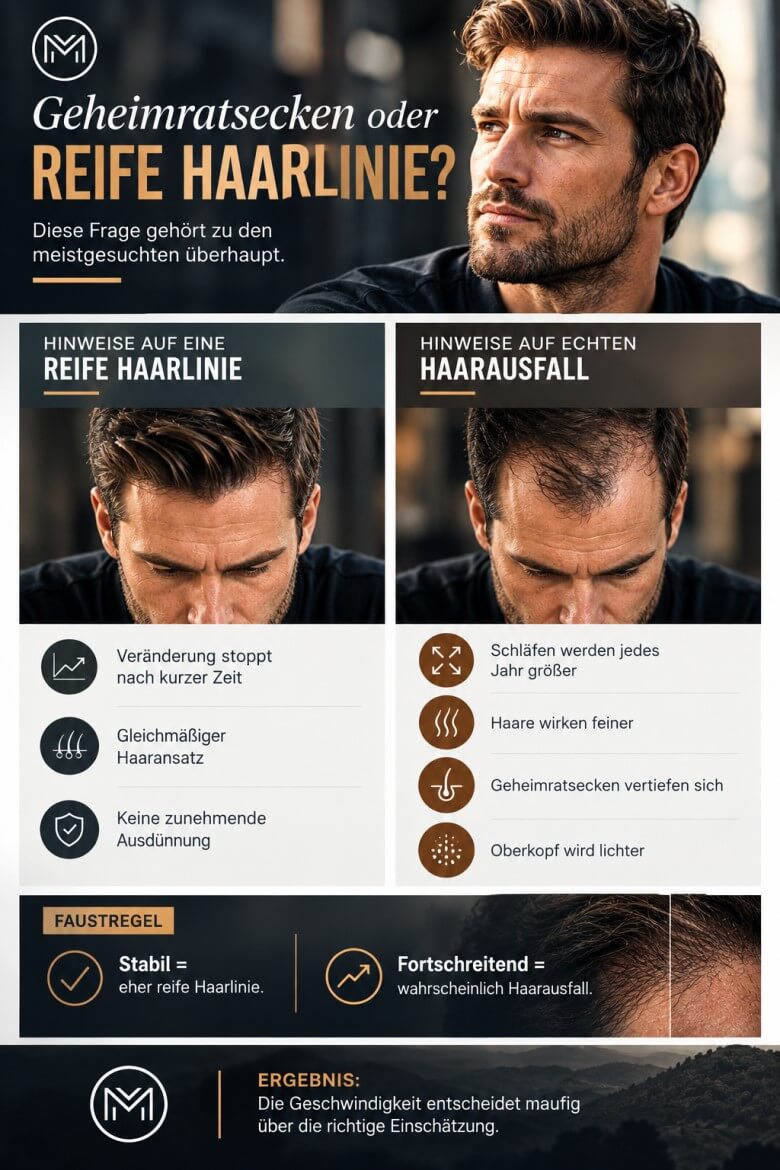 Vergleich zwischen reifer Haarlinie und Geheimratsecken