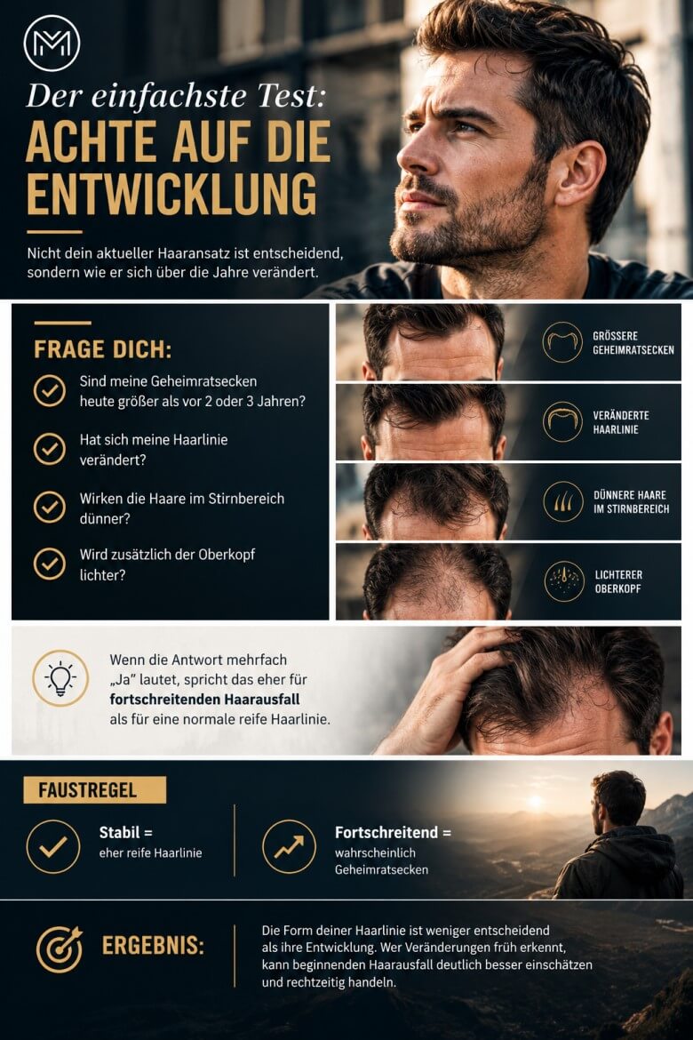 Mann überprüft seinen Haaransatz auf beginnende Geheimratsecken