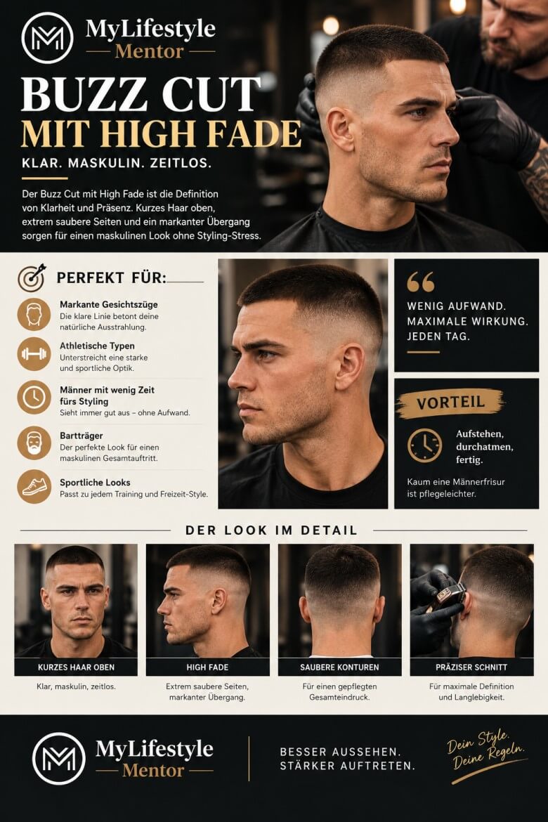 Buzz Cut mit High Fade und markanten Konturen für einen maskulinen Männer-Look