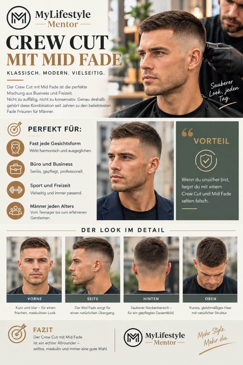 Crew Cut mit Mid Fade bei einem Mann mit maskulicher und gepflegter Kurzhaarfrisur