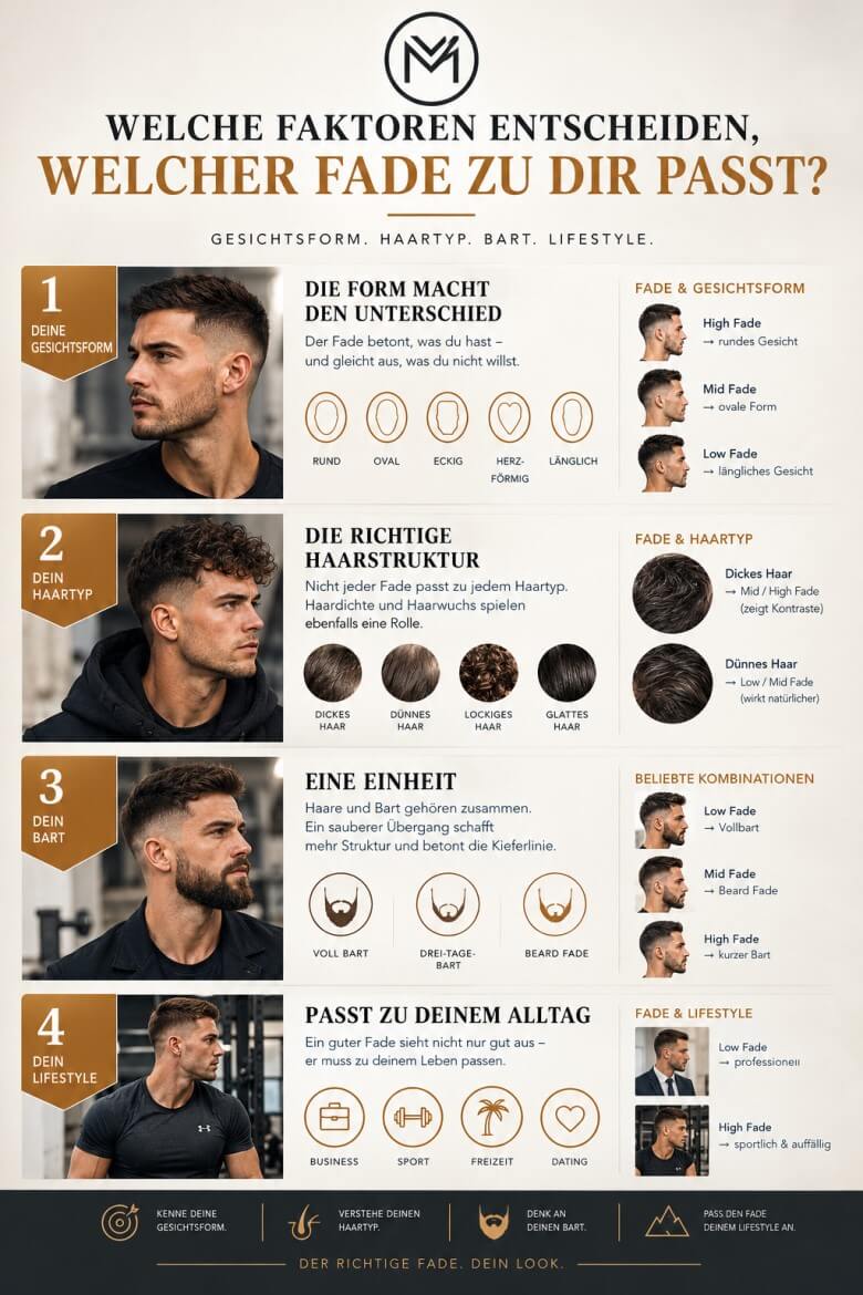 Infografik zu Gesichtsform, Haartyp, Bart und Lifestyle bei der Wahl des passenden Fade