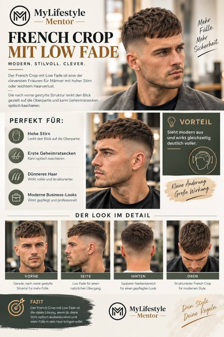 French Crop mit Low Fade bei einem Mann mit hoher Stirn und modernen Konturen