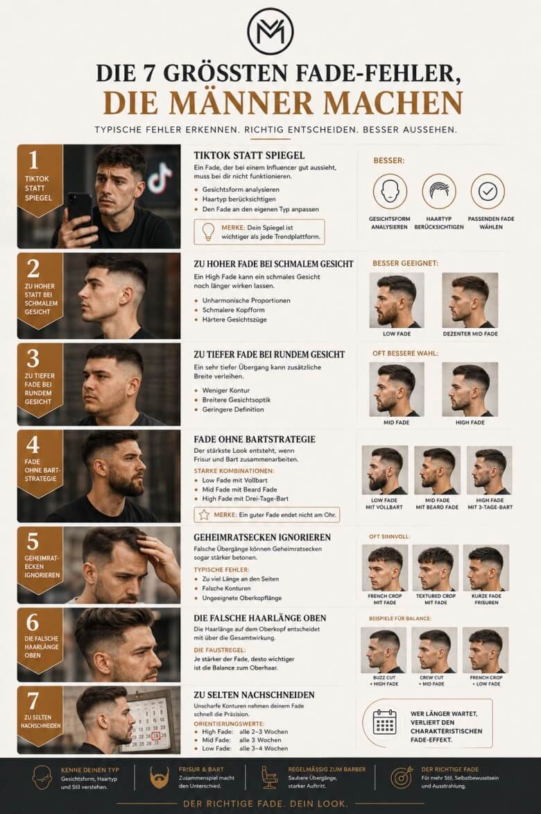 Barber schneidet einen Fade Haircut während typische Fehler bei Low Fade, Mid Fade und High Fade dargestellt werden