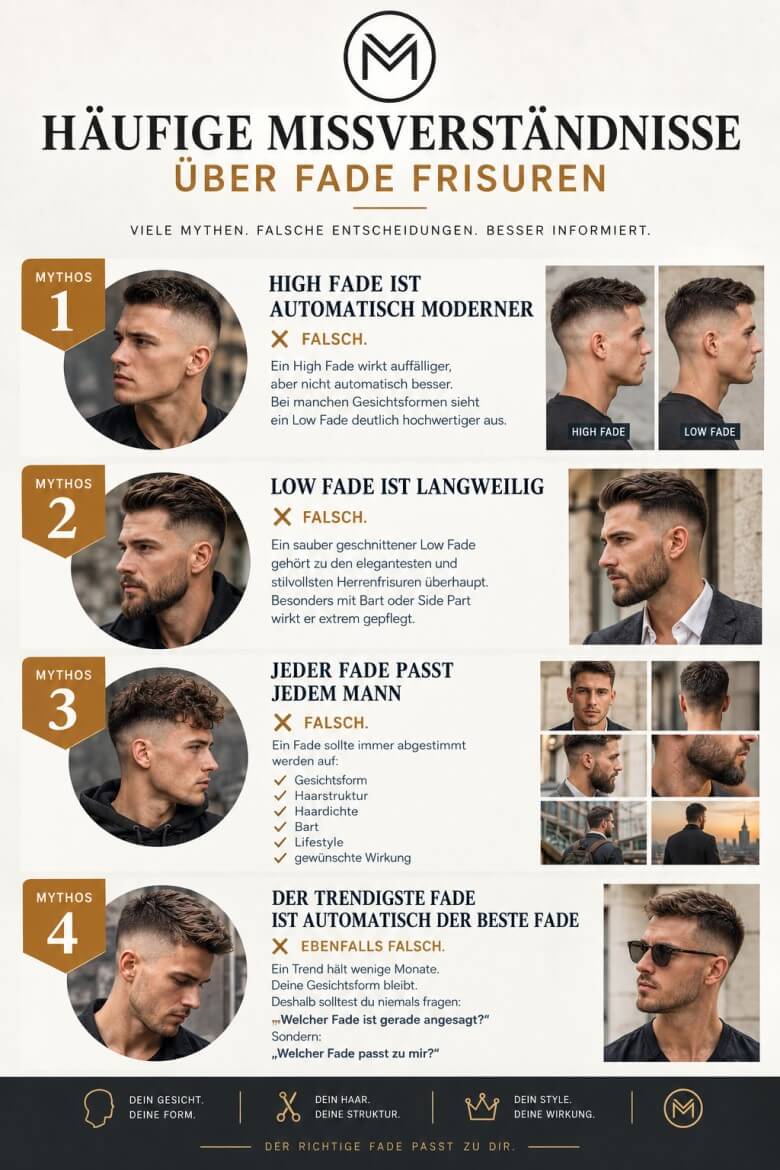Mann mit Fade Frisur und Darstellung typischer Fehler bei Low Fade Mid Fade und High Fade