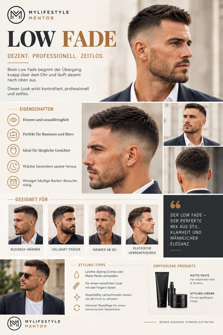 Mann mit Low Fade und dezentem Übergang für einen gepflegten Business-Look