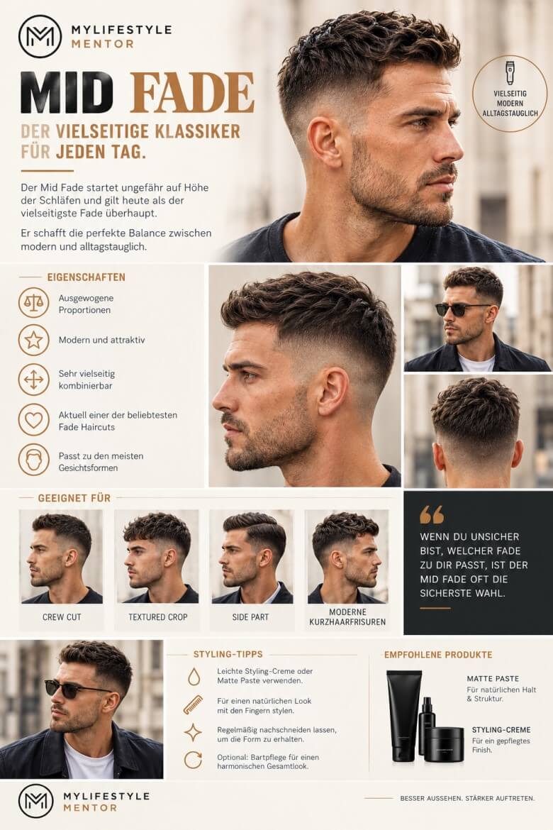 Mann mit Mid Fade und ausgewogenem Übergang zwischen Oberkopf und Seiten
